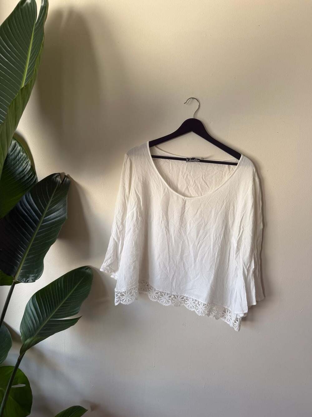 Noelle White Textured Long Sleeve Blouse with Crochet Lace Hem
